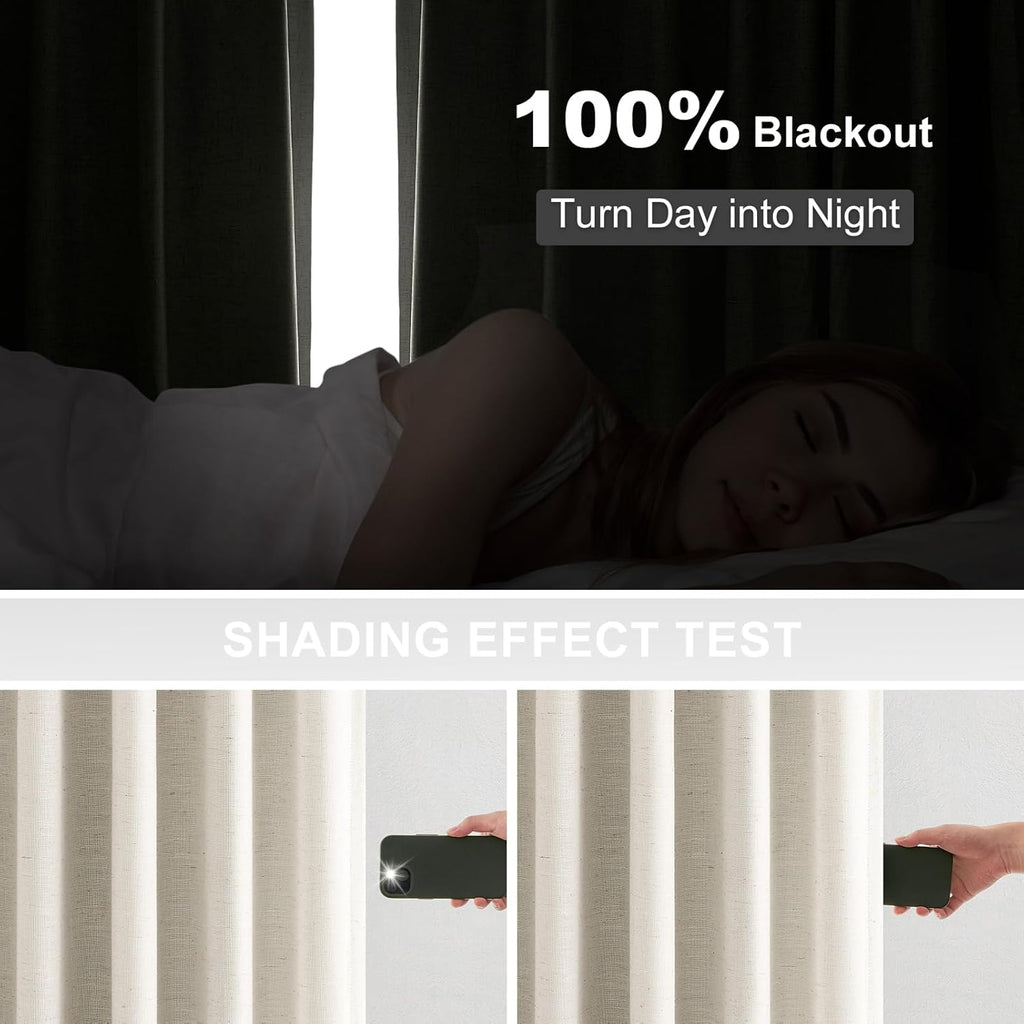 96 inch Long Natural Pinch Pleated 100% Blackout Curtains,Luxury Linen Curtains with Hooks for Patio Large Window