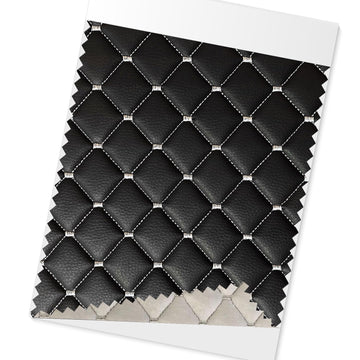 Embossed Black Faux Leather White Diamond Stitch Car Upholstery Fabric 55"x39"