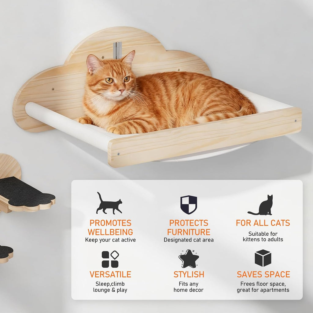Cat Wall Hammock Mounted Bed with 4 Climbing Steps, Modern Cats Shelves and Perches up to 30lbs, Wooden Kitten Wall