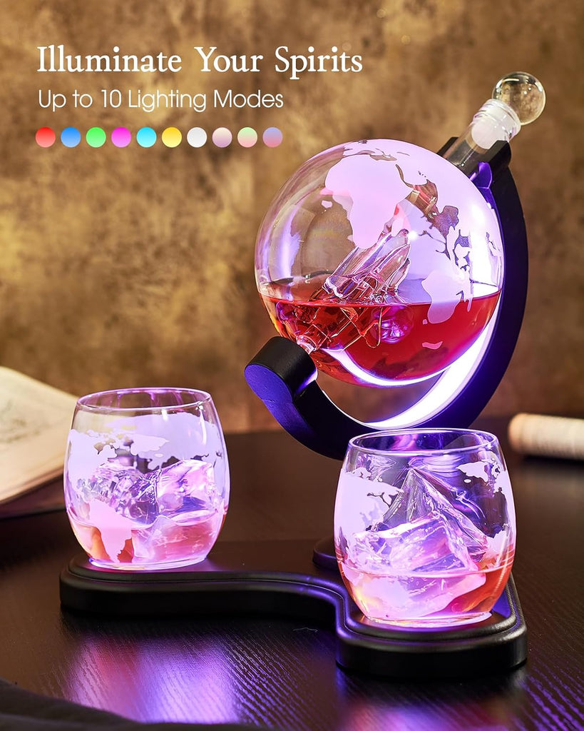 Light Up Whiskey Globe Decanter Gift Set with 2 Glasses
