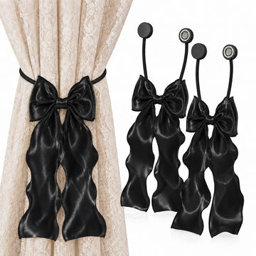 Strong Magnetic Black Bow Curtain Tiebacks, Coqueta Lace Ribbon Curtain Holdbacks, Adjustable Drapery Clips - 2PCS