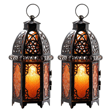 Set of 2 Moroccan Lanterns Decorative Indoor & Outdoor, Hanging Candle Lantern, 11'' Vintage Candle Holder, Metal