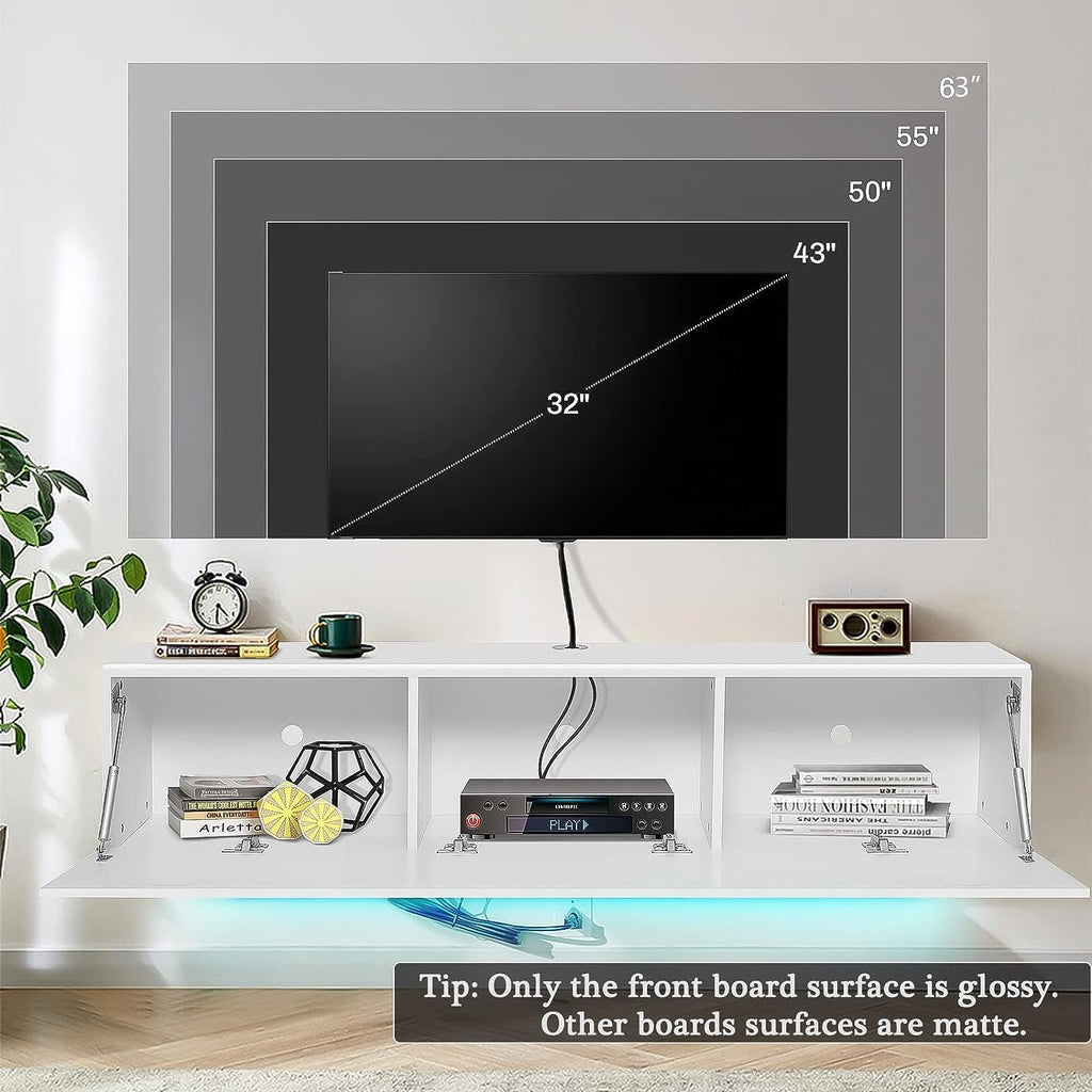 Floating with Led Light for 63 Inch TVs Wall Mounted Led Entertainment Center with High Gloss Storage Modern Floor