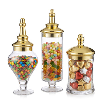 3 Piece Clear Glass Apothecary Jars with Metallic Brass Tone Lids