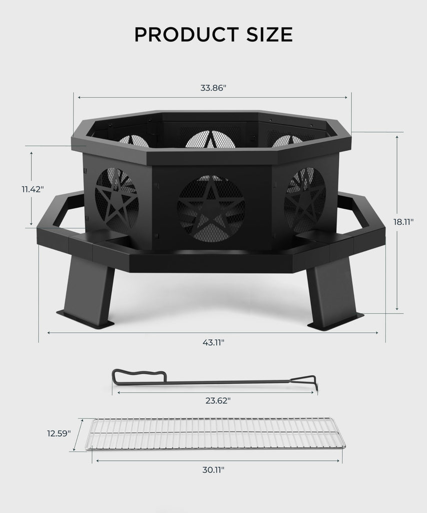 43 inch Fire Pit, Outdoor Fire Pits with Cooking Grill, Wood Burning Fire Pits for Outside, Octagonal Heavy Duty