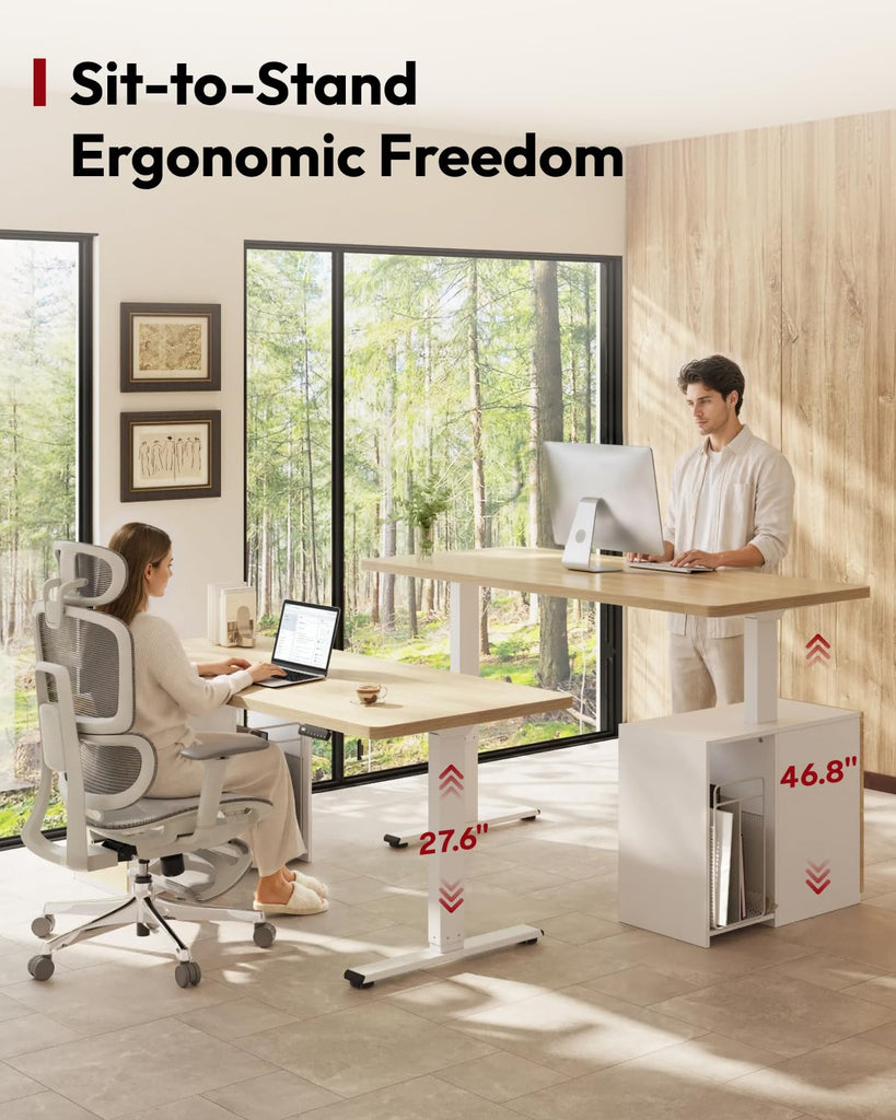 Executive Standing Desk w/Drawers & Dual Motor, White Oak & 55"