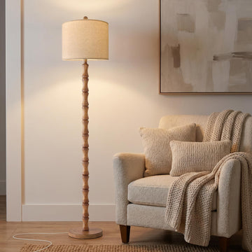 62" Farmhouse Floor Lamp, Rustic Standing Lamp with Linen Shade and Rotary Switch, Resin Corner Floor Lamp Decor