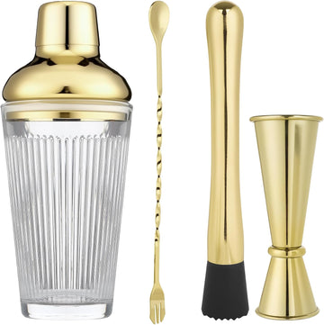 Cocktail Shaker Set 17oz, Gold Glass Martini Shaker with Strainer & Lid, Durable Bar Tools Bartenders, Gift Box