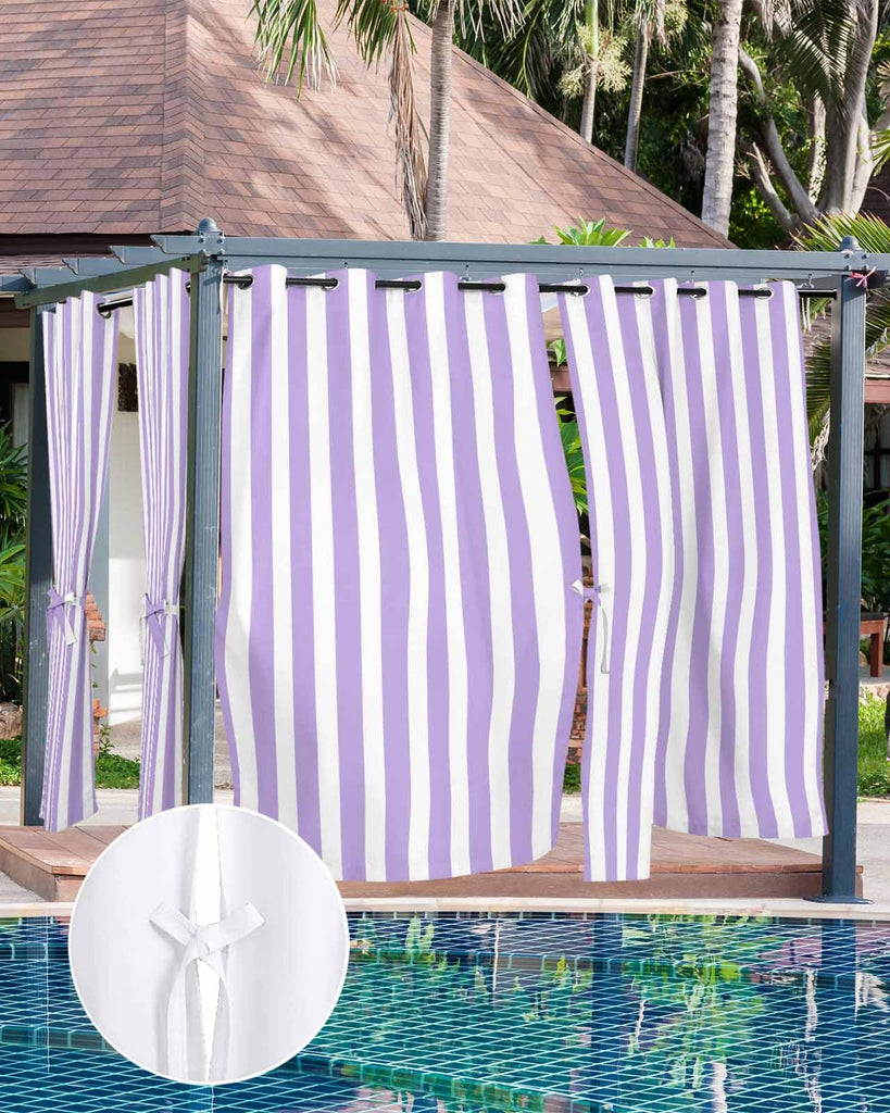Stripe Outdoor Curtains Waterproof Outside Curtain 2 Panel, Purple White Window Treatment Drapes Vertical Striped