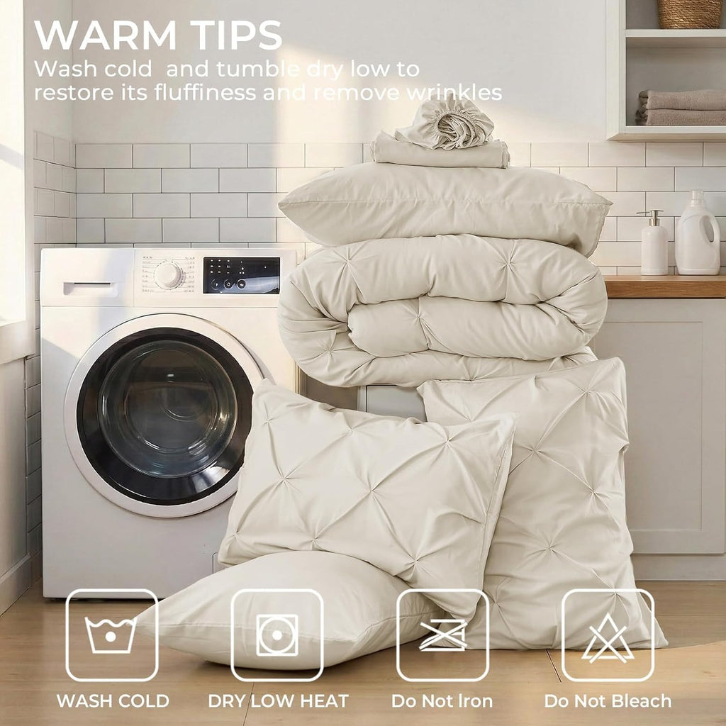 Sasttie King Comforter Set, 7-Piece Bed in a Bag, Pintuck Bedding Sets for All Season, Includes Comforter, Flat Sheet