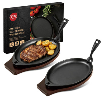 Pre Seasoned Cast Iron Fajita Plate Set Sizzling Skillet with Removable Handles Wooden Base Cooking Camping BBQ