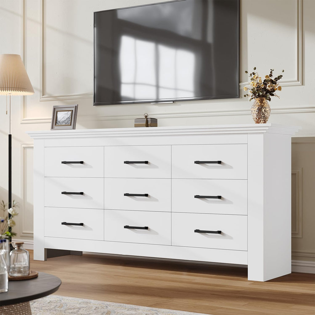 9 Drawer, Wood Chests of Drawers with Metal Handle, Triple Wide Dressers, Vintage Design Storage Chest Cabinet and