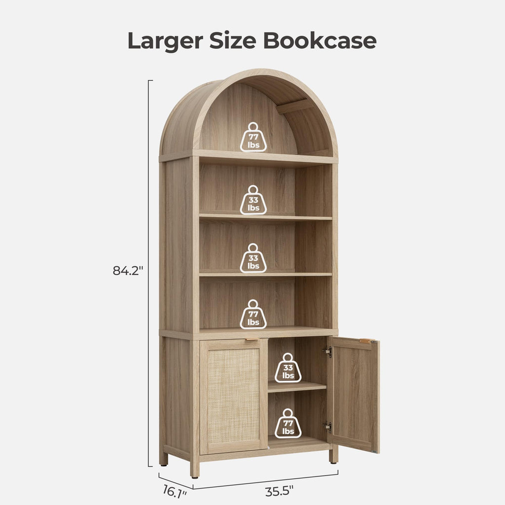 84.2" Tall Arched Bookcase with Doors - 5 Tier Rattan Bookshelf
