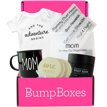 3rd Trimester & Postpartum Gift Set for New Moms with Milestone Disc, Baby Onesie, Travel Bags, Ceramic Mug, Organic