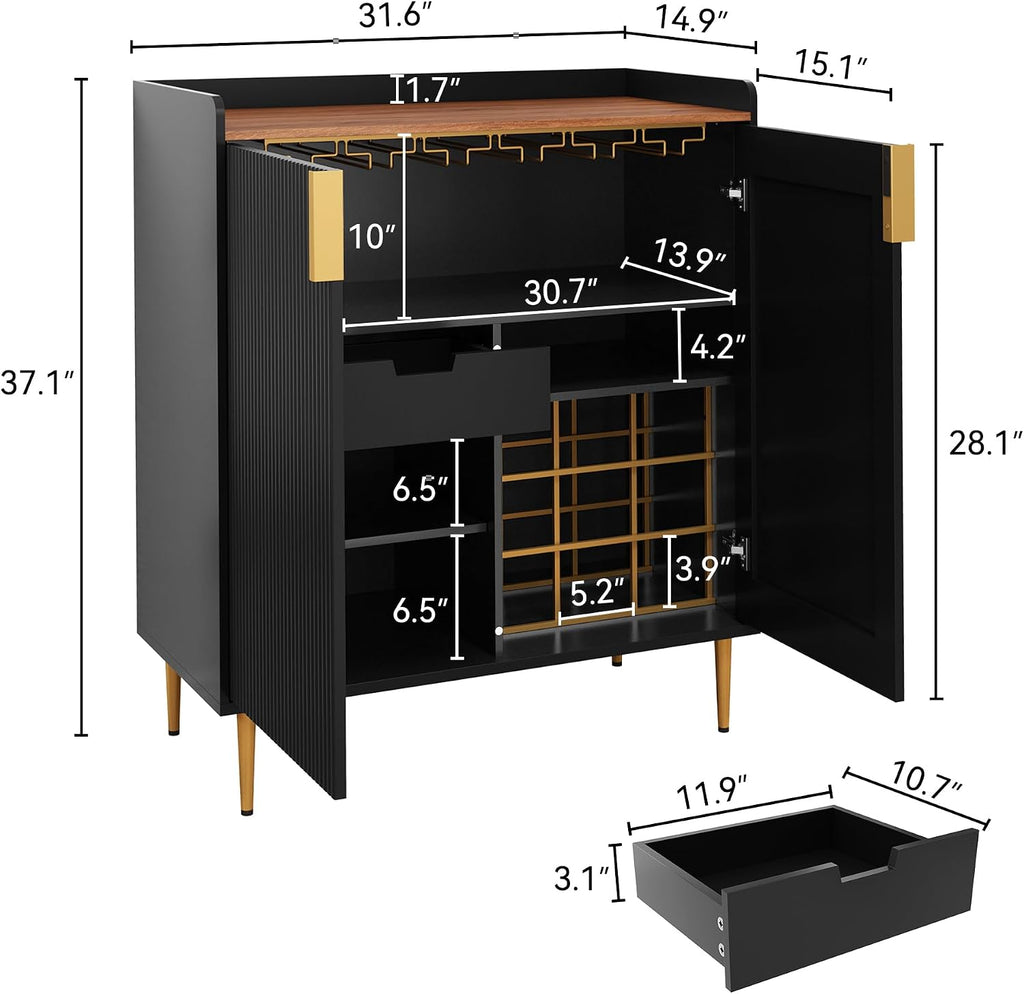 Modern Coffee Bar Cabinet with Fluted Texture, Black | Sideboard Buffet Cabinet with Wine Rack&Drawers, Liquor