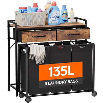 Laundry Hamper 3 Section, Large Rolling Laundry Sorter with Shelf & 2 Drawers, Pull-Out Laundry Basket Organizer with