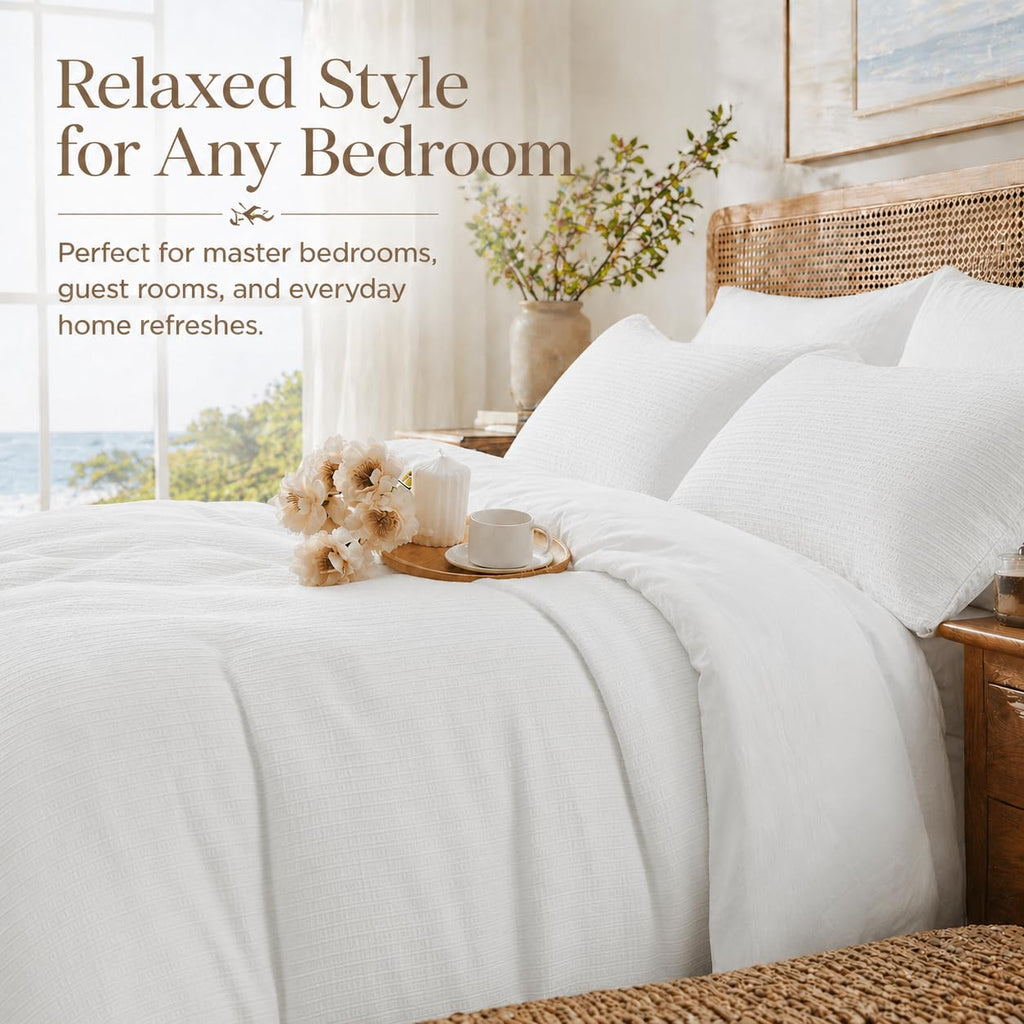 100% Washed Cotton Textured Duvet Cover Queen - Soft Breathable Jacquard Striped Lightweight Bedding Set 3 Pieces