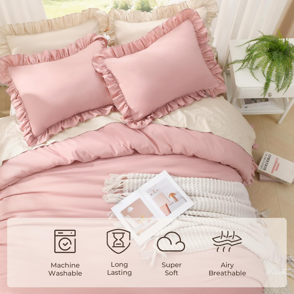Full Comforter Sets, 3 Pieces Blush Pink Ruffle Girls Women Cute Bedding Comforters & Sets, Lightweight Fluffy