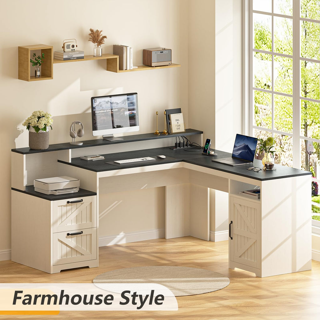 63" Farmhouse L Shaped Desk with Drawers & Printer Shelf