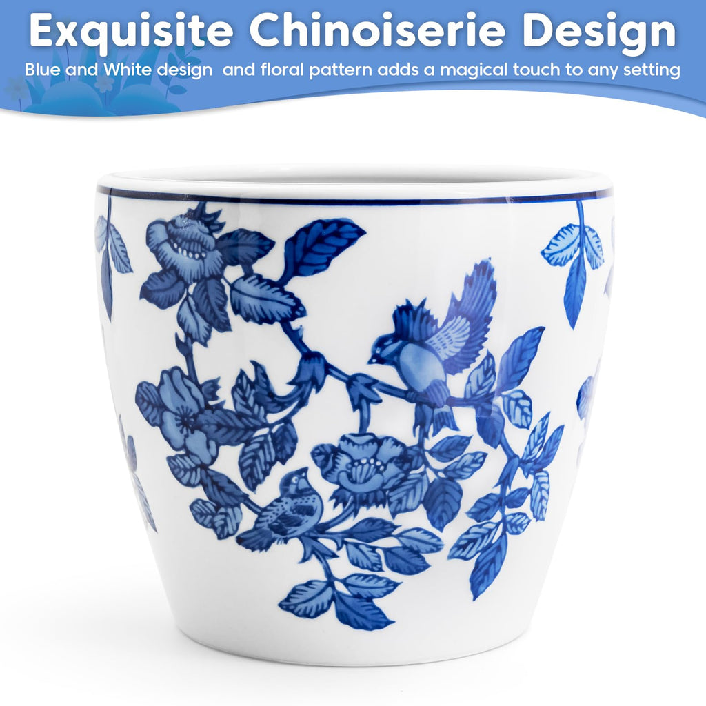8 inch Ceramic Flower Pots, Chinoiserie Decor Ceramic Planter Plant Pots for Indoor Plants with Drainage and Saucer