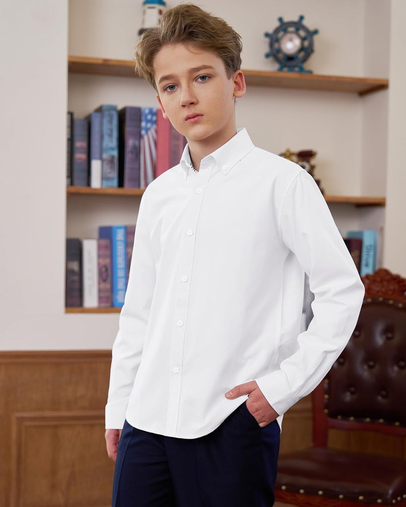 Boy's Long Sleeve Oxford Dress Shirts Solid Casual Button Down Collar Shirt Kids Formal Uniform Tops