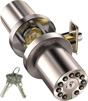 Waterproof Electronic Door Knob with Keypad and Key, Auto Lock, Satin Nickel, 50 Codes, Easy to use and install