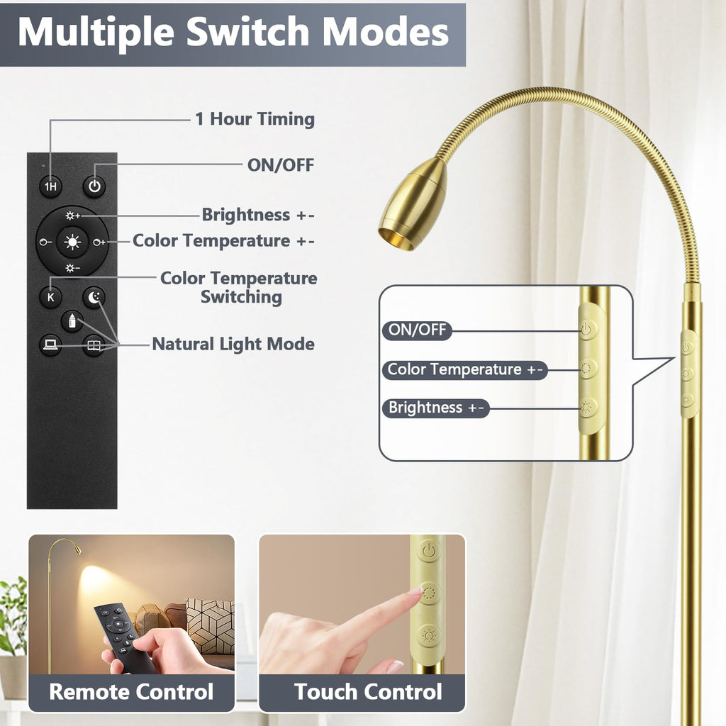 Reading Floor Lamp, 72" LED Dimmable Lamp with Gooseneck, Zoomable Spotlight
