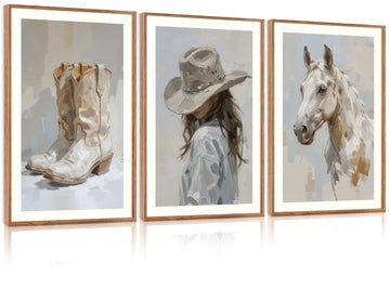 Western Cowgirl Framed Canvas Wall Art Set, Farmhouse Wall Decor, Highland Horse Boots Artwork Painting, Vintage