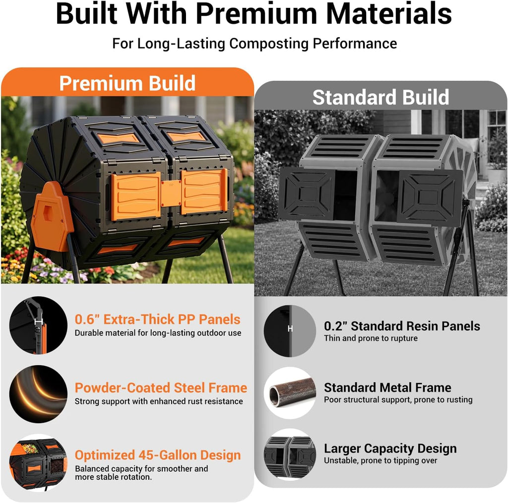 Compost Tumbler, Easy Assemble & Efficient Outdoor Compost Bin, 45 Gallon/170 Liter Large Dual Chamber Rotating