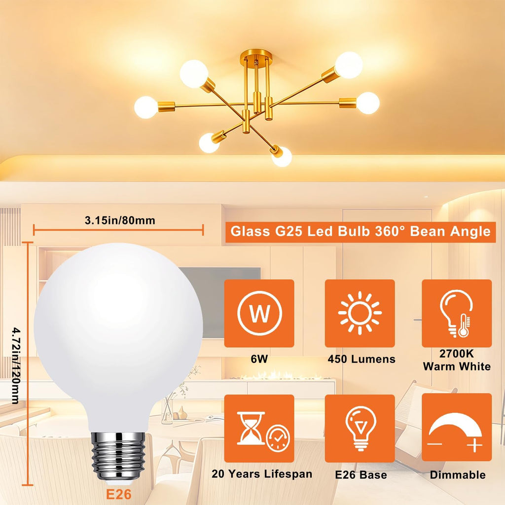 Glass G25 led Globe Light Bulbs Dimmable 6W 120V 2700K