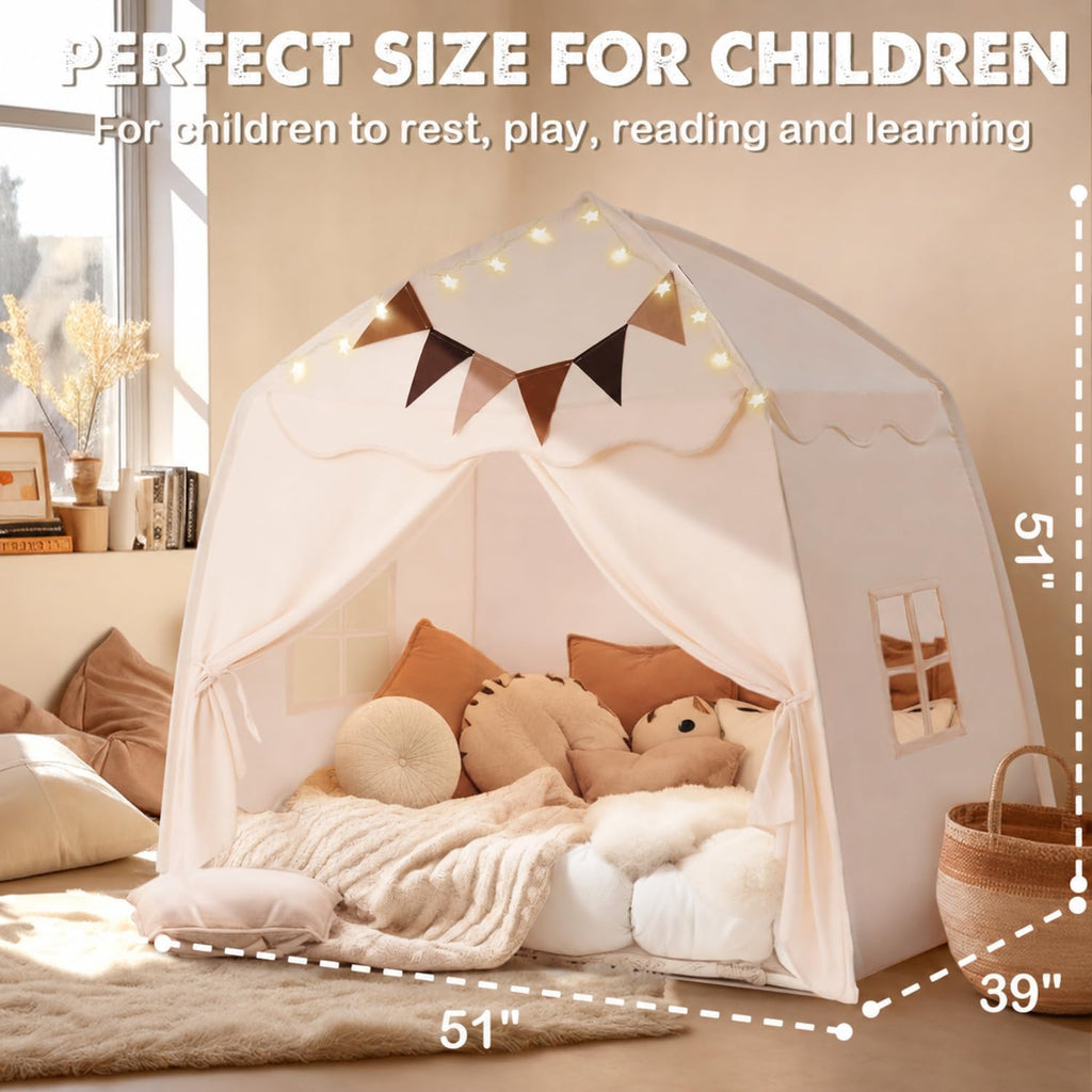 Large Kids Play Tent with Star Lights & Flags, Portable & Foldable Teepee Tents, Dome Tent Playhouse for Indoor &