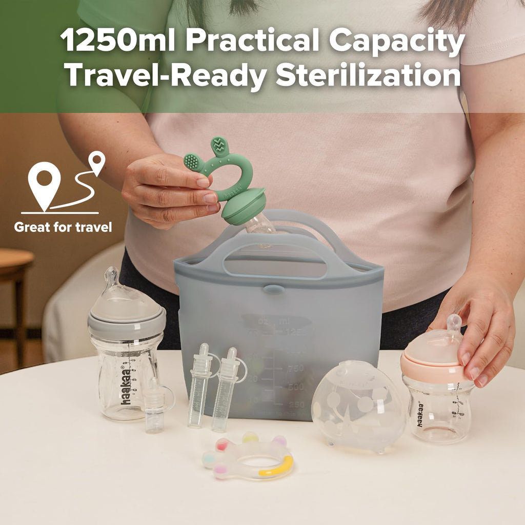 On-The-Go Silicone Microwave Steam Sterilizer Bags for Travel, 40oz/1250ml Reusable Silicone Steaming Bags for Baby