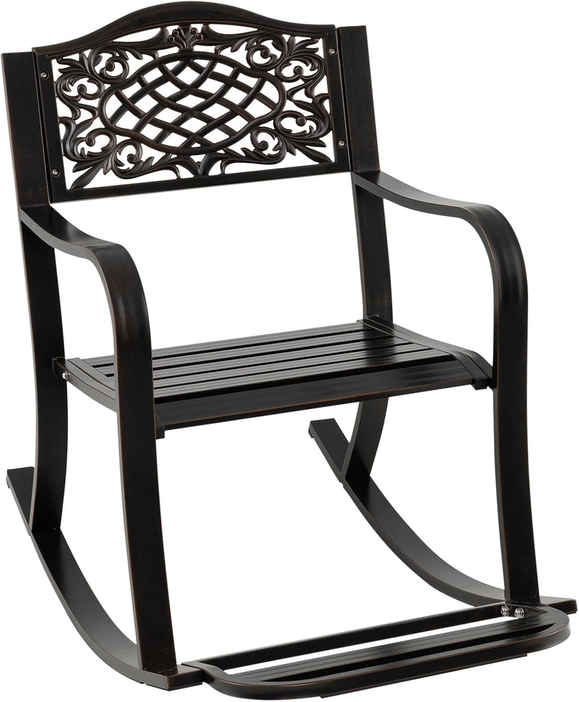 Patio Rocking Chair, Outdoor Cast Aluminum Rocker w/Footrest, Backrest & Curved Armrests, Heavy-Duty Metal Classic