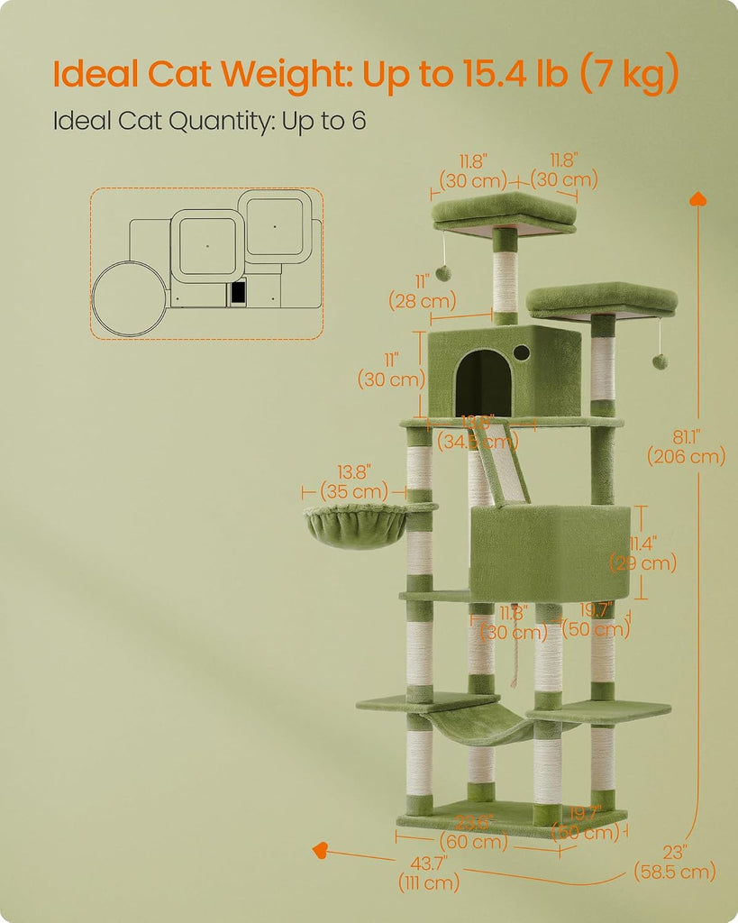 Cat Tree, 81.1-Inch Large Cat Tower, Multi-Level Condo, Green