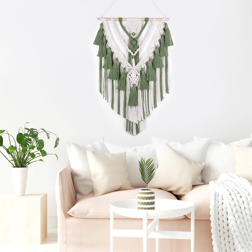 Green Macrame Wall Hanging Boho Macrame Wall Decor with Yarn Tassel Bohemian Tapestry Woven Wall Art Bedroom Home