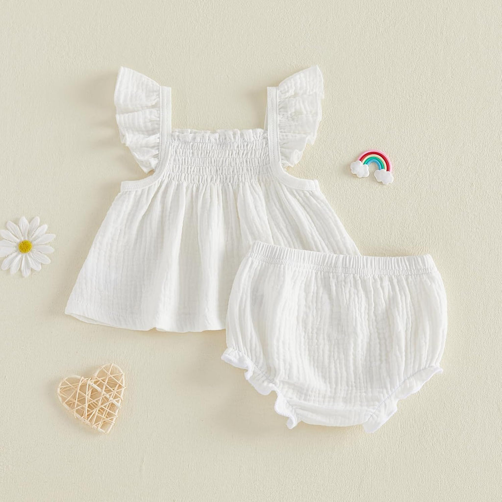 Baby Girl Summer Clothes Cute Basic Plain Cotton Linen Ruffle Tops Dress Shorts Outfits Set Shirt Princess Outfit