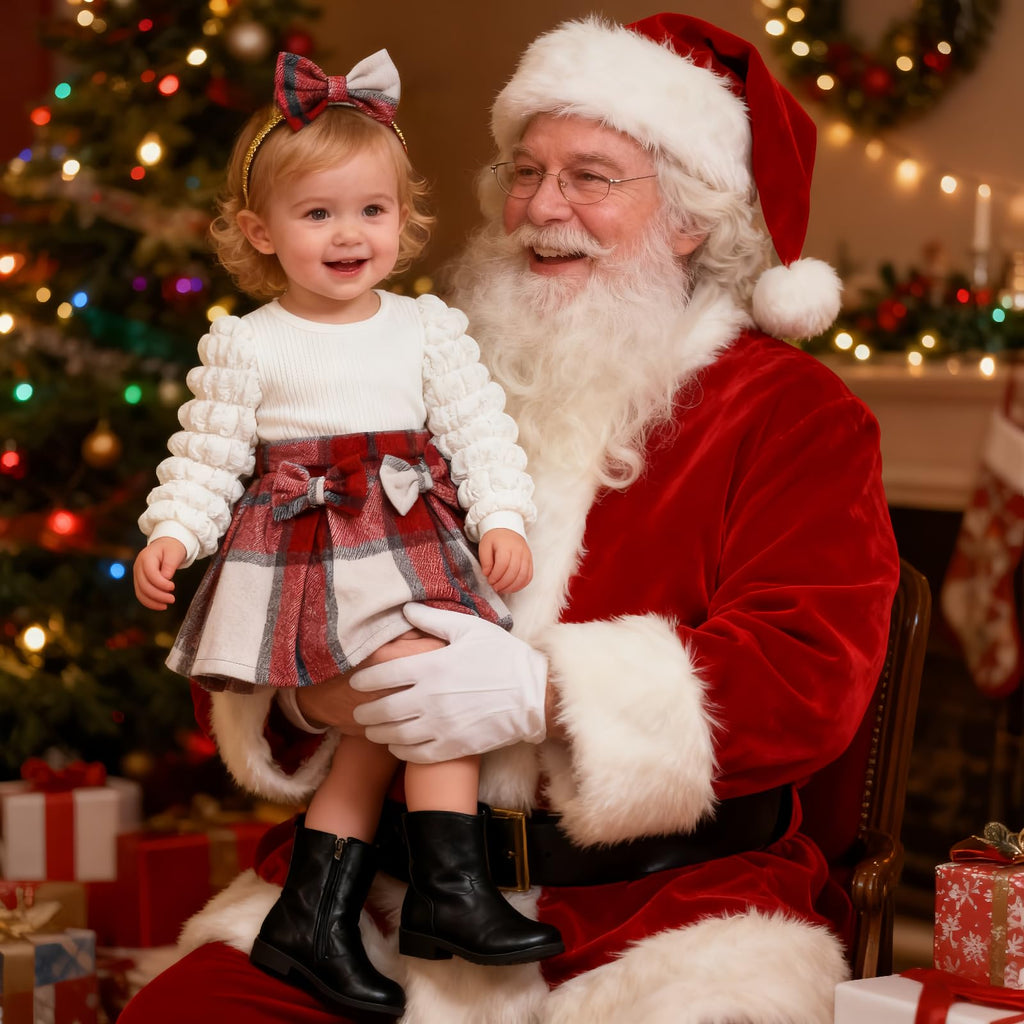 Christmas Toddler Baby Girl Plaid Dress Puff Sleeve Bow Patchwork Ribbed Shirts Dress Plaid Fall Winter Outfits (Red