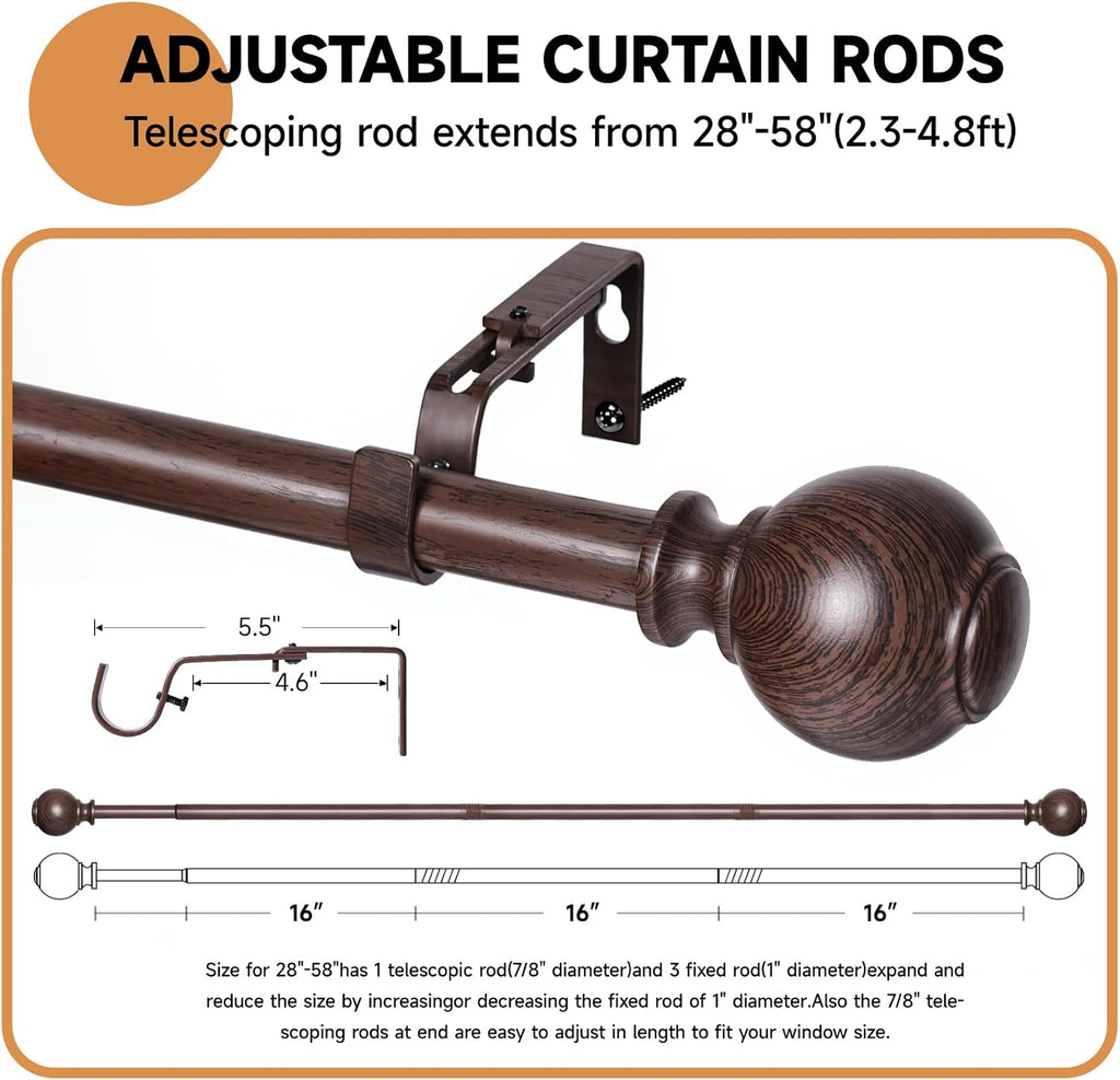 Wood Curtain Rods for Windows,1 inch Heavy Duty Window Curtain Rods with Imitation Wood Grain Finials