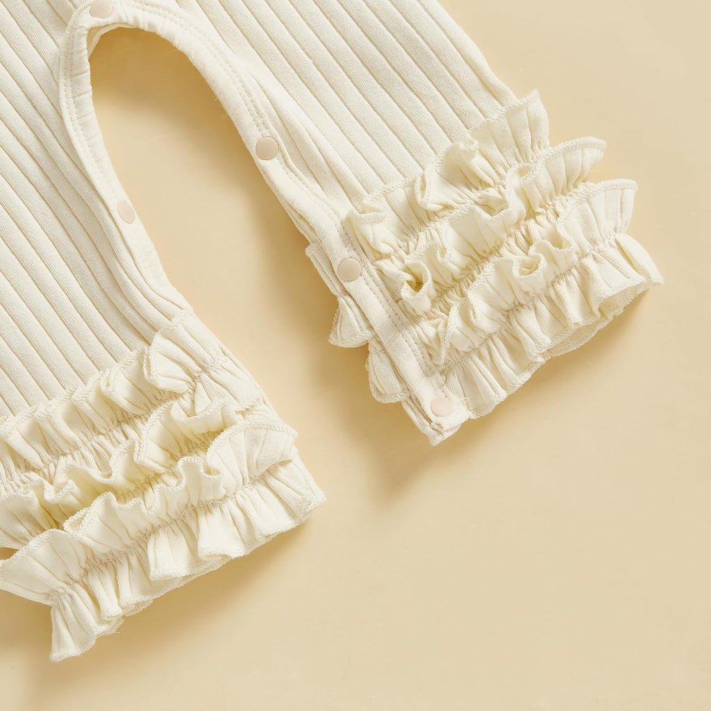 Newborn Girl Outfits Infant Baby Clothes Set Ribbed Knit Romper Headband Ruffle Long Sleeve Solid Bodysuit Jumpsuit