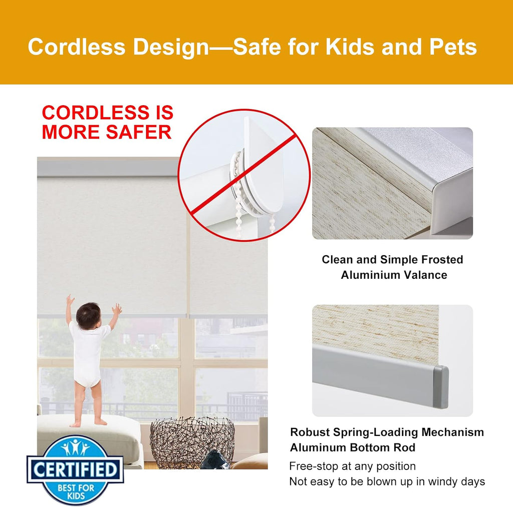 Free-Stop Cordless Roller Shades for Windows (Cream 22"W x 72"H) Natural Woven Fabric Light Filtering Roller Blinds