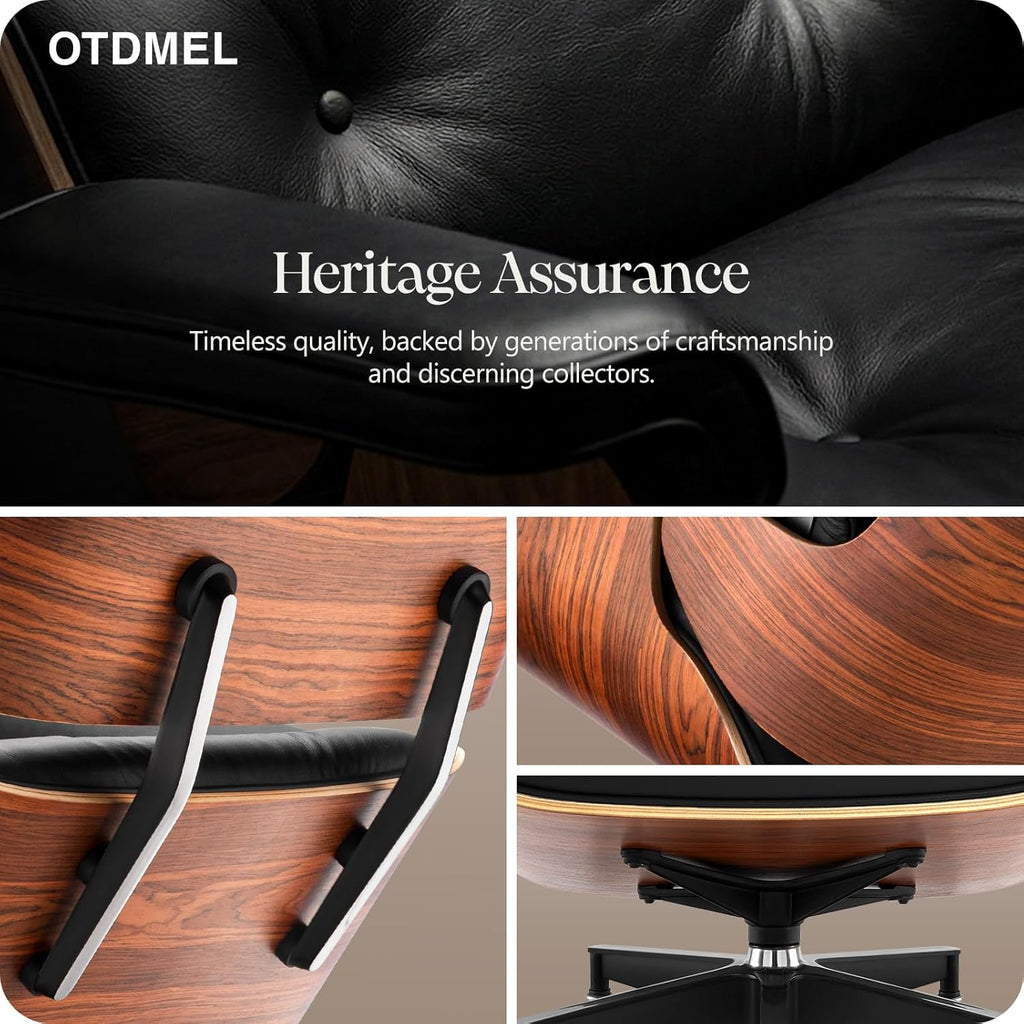 Mid-Century Modern Lounge Chair & Ottoman — Premium Top-Grain Leather, Rosewood Base, Extended Chaise
