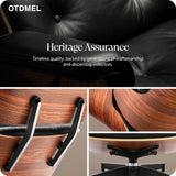 Mid-Century Modern Lounge Chair & Ottoman — Black Top-Grain Leather, Rosewood Base, Extended Chaise