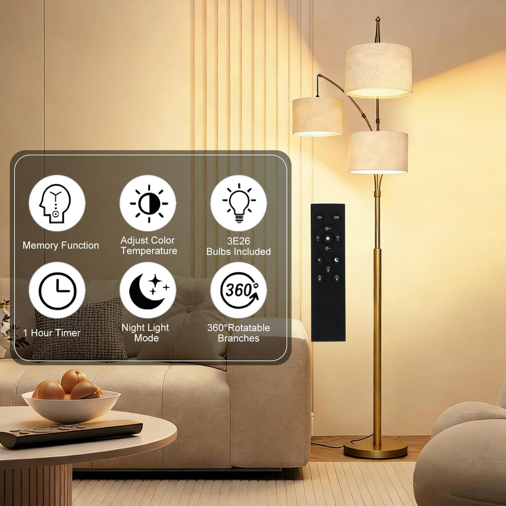 3-Light Dimmable Arc Floor Lamp, LED Tall Standing Lamp with Remote