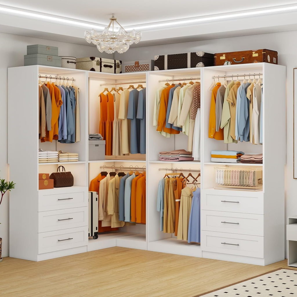 Closet System with 6 Wooden Drawers, 4.5-21.6FT L-Shaped | Corner Closet organizer System with 10 Expandable Hanging