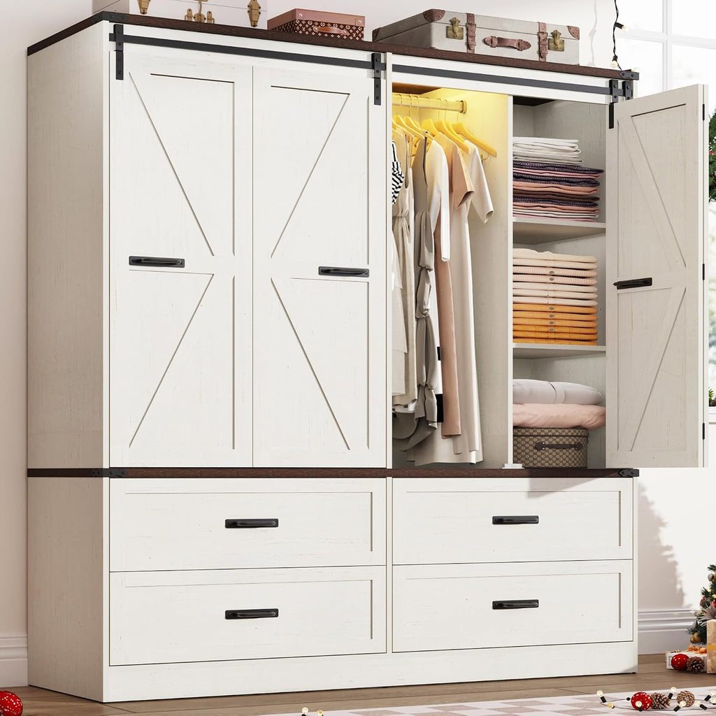 Farmhouse 4 Doors Armoire Wardrobe Closet w/Folding Sliding Barn Door and Lights, LED Armoire Closet w/Drawers