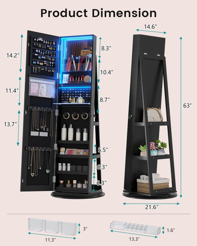 360° Swivel Mirror Jewelry Cabinet, Lockable Jewelry Armoire, Black