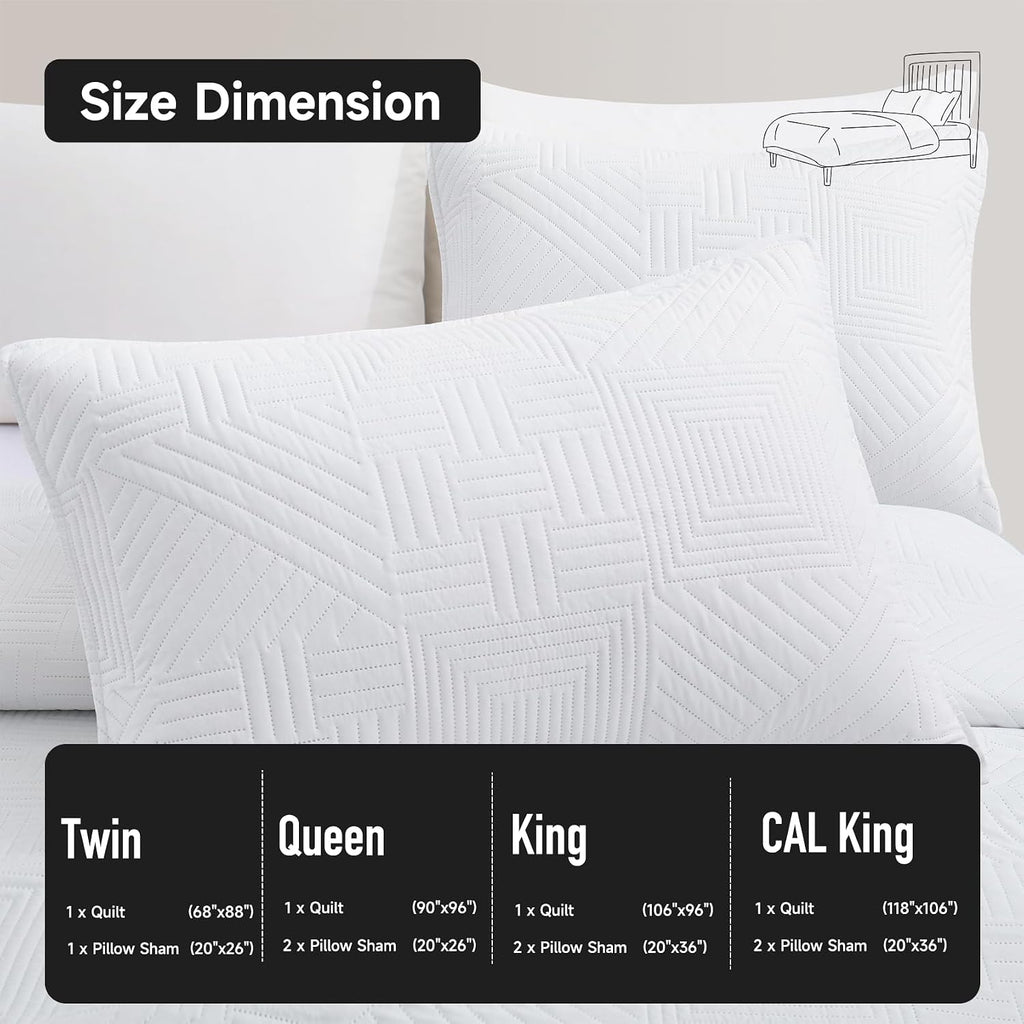 White Quilt King with Pillow Shams, Summer Soft Geometric Pattern Bedspread, 3 Pieces Lightweight Coverlet Bedding