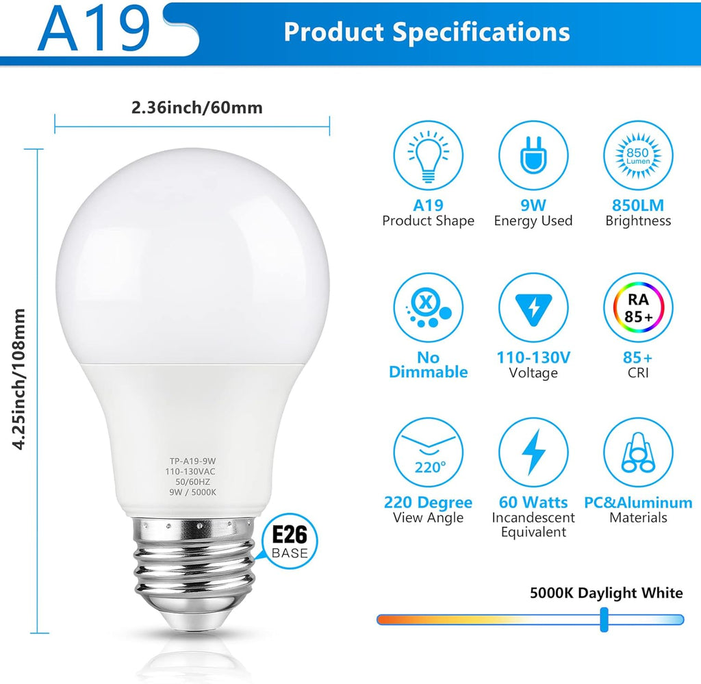 A19 LED Light Bulbs, 60 Watt Equivalent LED Bulb, Daylight White 5000K, 850 Lumen, E26 Base, Non-Dimmable, 9W Bright
