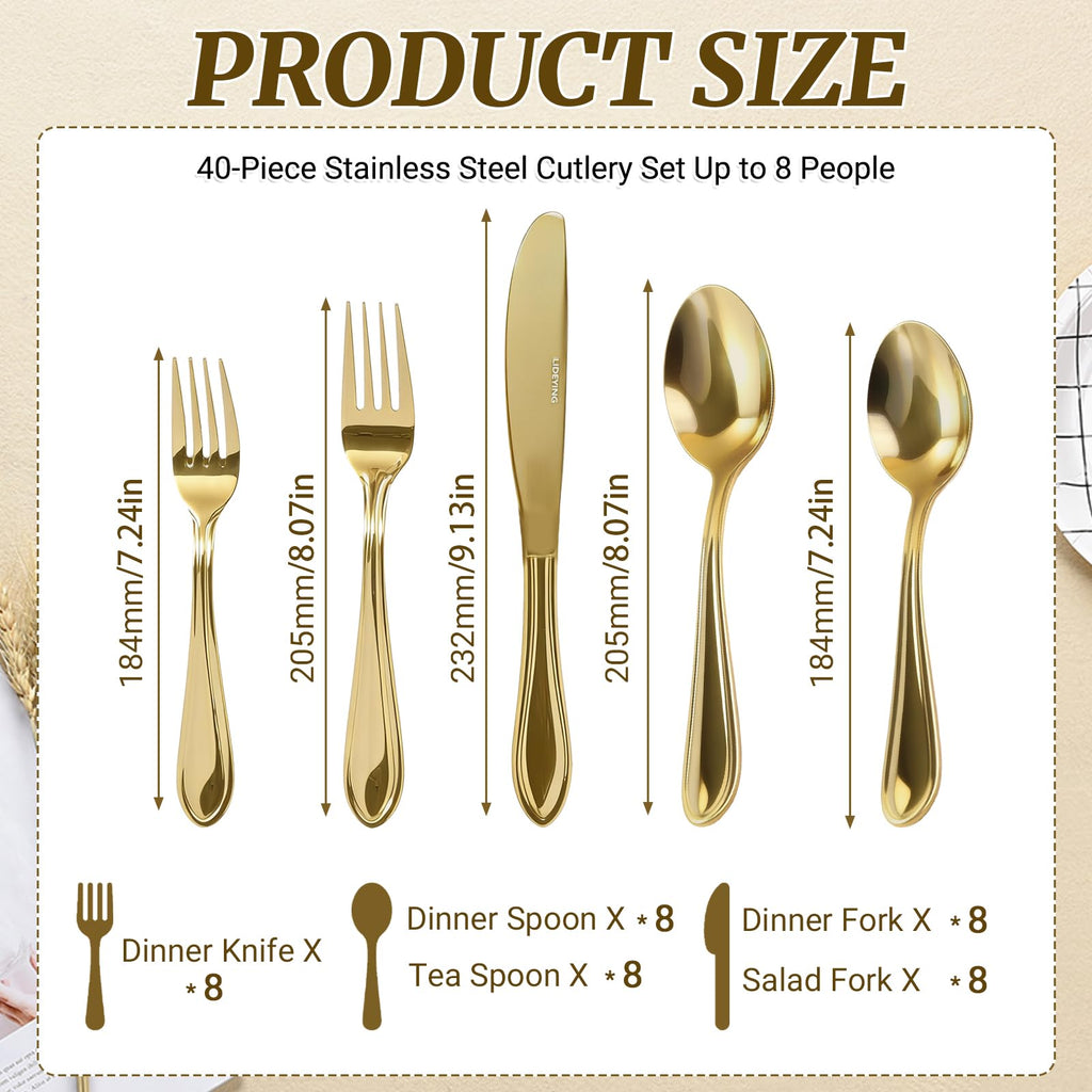 Gold Silverware Set for 8, 18/0 Premium Stainless Steel Flatware Set, Heavy Duty and Modern Design Cutlery Set, Mirror