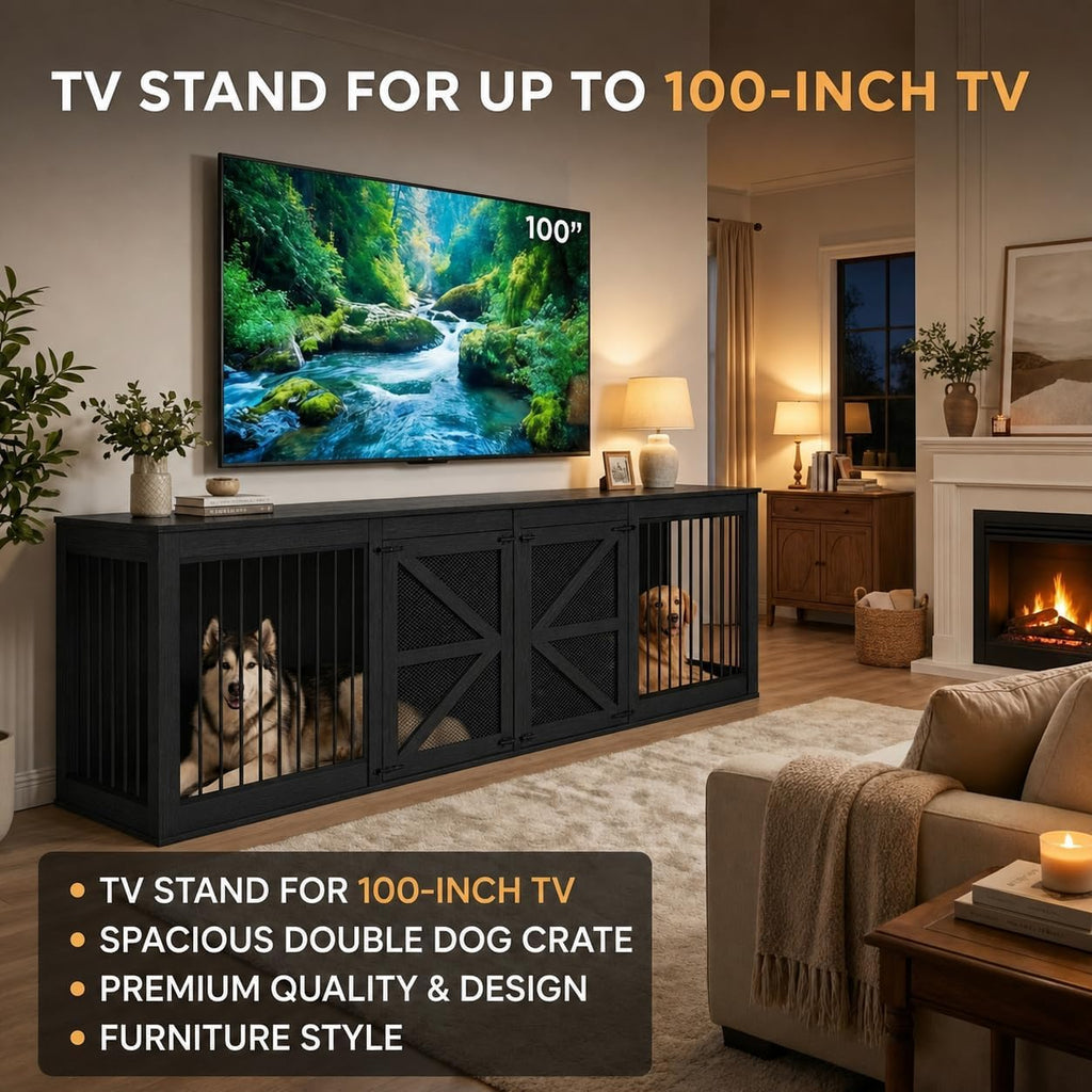 Double Dog Crate, Dog Kennel Furniture, TV Stand, Black
